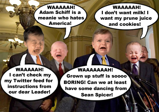 Whiny, sucky GOP crybabies are throwing their finest temper tantrums in order to protect their crooked dear Leader, America's CEO/Dictator Donald Trump, from being convicted and removed from office during his impeachment trial.