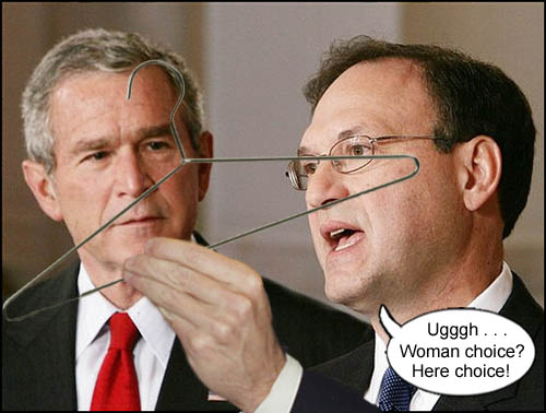 Supreme Court nominee Samuel Alito displays the only tool (a wire hanger)which will enable a woman to terminate a pregnancy once he's on the bench.