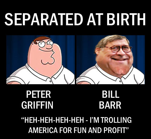 Attorney General, Trump obfuscator and corpulent Republican troll, Bill Barr, bears a striking resemblance to portly, cartoon numbskull Peter Griffin from Family Guy and has even developed his own Griffin-esque catchphrase: “Heh-heh-heh-heh - I'm trolling America for fun and profit.”