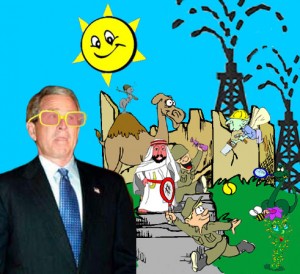 George Dubya Bush's wears rose colored glasses and sees that the new Iraq is a bright, rosy place chock full of fun and oil.