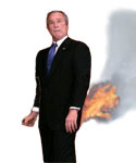 George W. Bush's pants catch on fire after his latest prevarication about never saying 'staying the course'.
