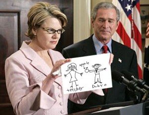 New Secretary of Education Margaret Spellings holds up a drawing George Dubya Bush made for her as a welcoming gift