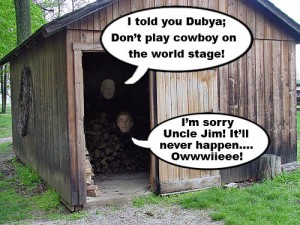 Former Secretary of State James Baker takes George Dubya Bush out to the White House woodshed to dispense some much needed discipline.