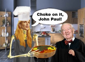 Neoconservative author and commentator Ann Coulter thoughtfully bakes up some creme brulee loaded with hemlock, arsenic and other tasty toxins for liberal Supreme Court Justice John Paul Stevens. She's just joking, of course.