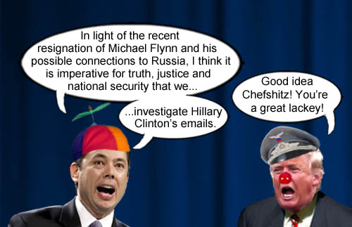 In the wake of National Security Advisor Michal Flynn's scandalous resignation because of possible treasonous connections with Russia, smuggest Congressman alive, Jason Chaffetz bravely proposes that we investigate Hillary Clinton's emails which pleases America's CEO/Dictator Donald Trump, who loves a good lackey.