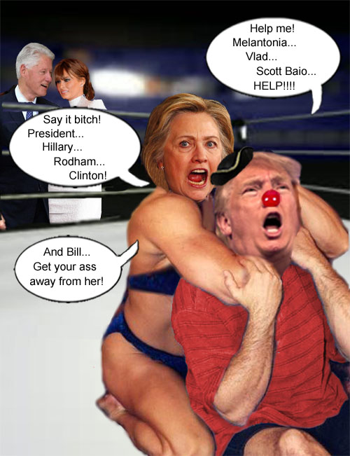 Democrat Hillary Clinton puts Republican Donald Trump in a headlock in the first ever Presidential Debate/Wrestling Match while their respective mates, Bill Clinton and Melania Trump, get to know each other at ringside.