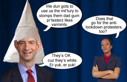 Arkansas Senator and complete non-racist Tom Cotton explains with foolproof logic why anti-lockdown protesters are okay while all other protesters should be annihilated.