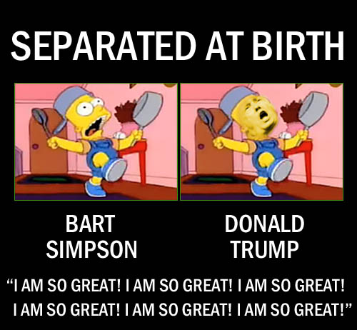 America's Impeached CEO/Dictator and petulant man child, Donald Trump, bears a striking resemblance to rotten, little imp Bart Simpson from the Simpsons and has even adopted walking around proclaiming loudly to all how great he is.