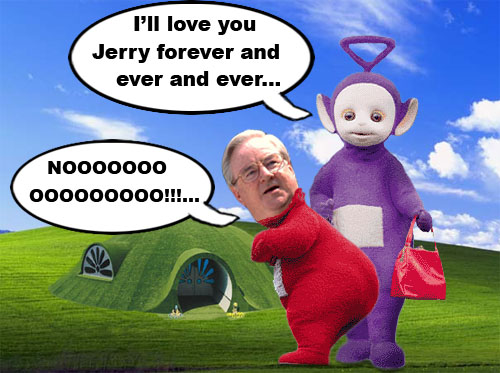 The Reverend Jerry Falwell gets to spend eternity with his old pal from the teletubbies, Tinky Winky.