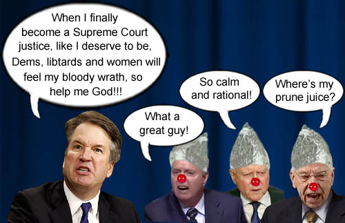 Supreme Court nominee and unhinged, privileged, boozy ex-frat boy, Brett Kavanaugh vows bloody revenge on all who oppose him much to the delight of his unhinged, senile, old coot supporters in the Republican Senate's Good Ol' Boys club.