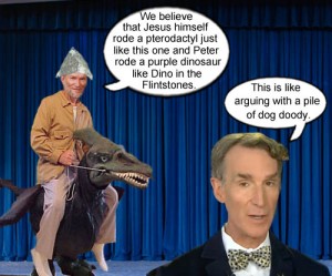 Ken Ham explains how Jesus rode a pterodactyl and Peter rode Dino to an incredulous Bill Nye.