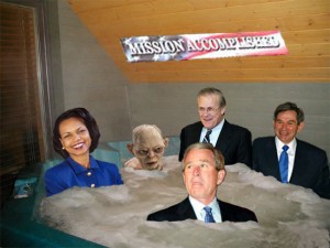 Bush, Cheney, Rice, Rumsfeld and Wolfowitz celebrate in the hot tub conservative style (with all their clothes on)