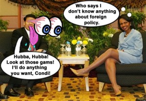 Condoleezza Rice, reveals her new diplomatic tactic of legsplomacy in dealing with foreign leaders, especially males