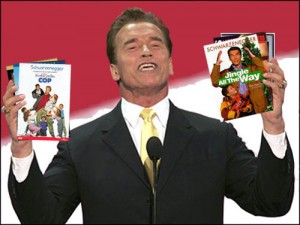 2004 RNC - Governor Arnold Schwarzenegger hawks some of his lamer movies to the pliant crowd.