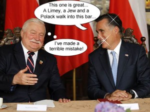Mitt Romney amuses Lech Wałęsa with some of his lamer jokes