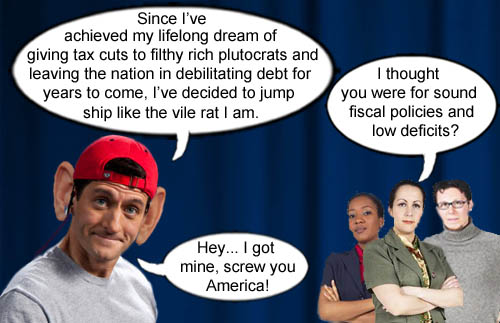 Speaker of the House and Ayn Rand acolyte, Paul Ryan, plans to jump off the GOP sinking ship now that he's achieved his dream of giving plutocrats a huge tax break while burdening America with debilitating debt for decades to come