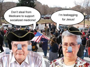 Teabaggers proclaim that we shouldn't steal from Medicare to support socialized medicine and we should all teabag for Jesus