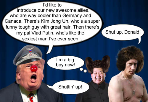 American CEO/Dictator, Donald Trump, introduces America's swell new allies, North Korean dictator Kim Jong Un and Russian strongman, Vlad Putin, who are super cool, way funny, bigly sexy and pretty gosh darn tough.