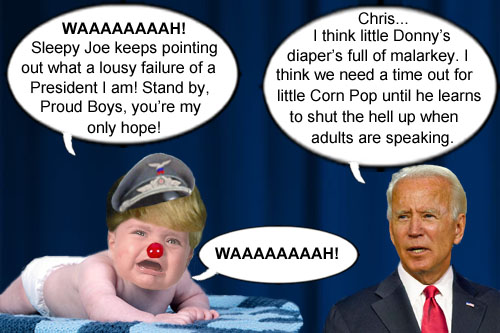 America’s Impeached CEO/Dictator and petulant man-baby Donald Trump whines that Joe Biden is kicking his ass and calls on his right wing thugs to save his presidency thus destroying democracy.