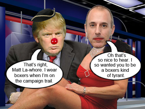 Crack journalist and media whore Matt Lauer grills GOP nominee mercilessly on the most vital issue of our times: boxers or briefs.