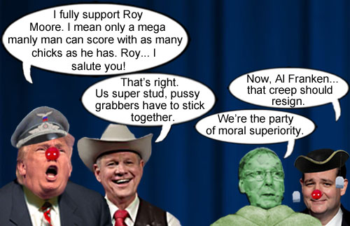 American CEO/Dictator, Donald Trump and his GOP cohorts, Turtle Boy Mitch McConnell and Lyin' Ted Cruz endorse teenage girl aficionado, Roy Moore, while claiming moral superiority.
