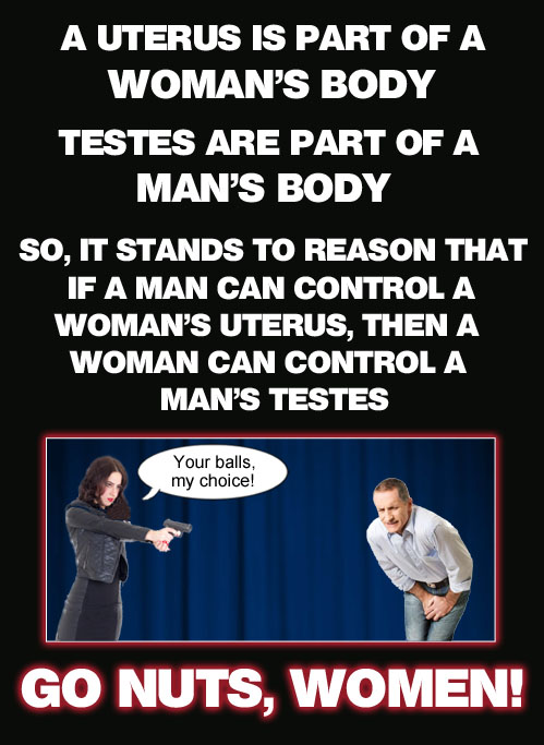 In light of the Supreme Court overturning Roe v. Wade and expanding gun rights, it stands to reason that if a man can control a woman's uterus, then a woman can control a man's testes. Go nuts, women!